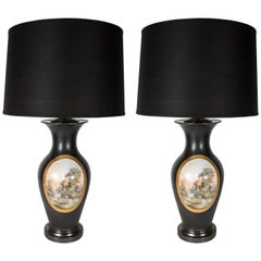 Antique Pair of Art Deco Urn Form Black Bisque Glaze Table Lamps with Pastoral Scene