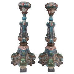 Antique Pair of Chinese Cloisonné Temple Candlesticks