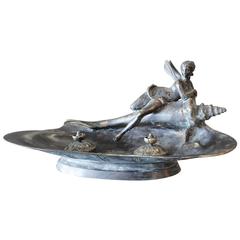 Art Nouveau Bronze Inkwell Fairy on Shell