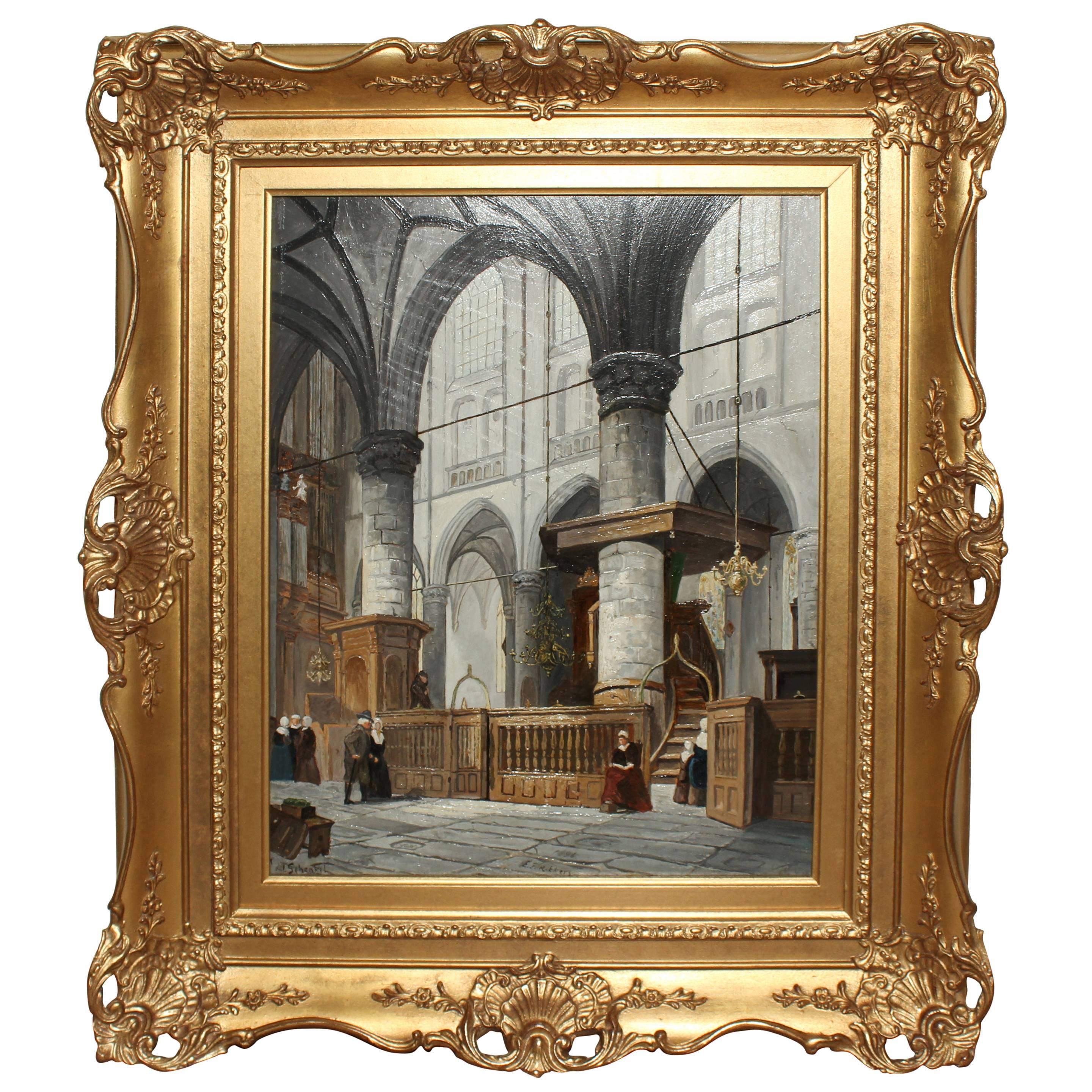 Dutch Church Interior Oil on Panel by Jan Jacob Schenkel