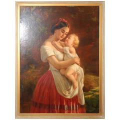 Fine Oil Painting of a Mother with her Baby by Julius Schoppe, 1859