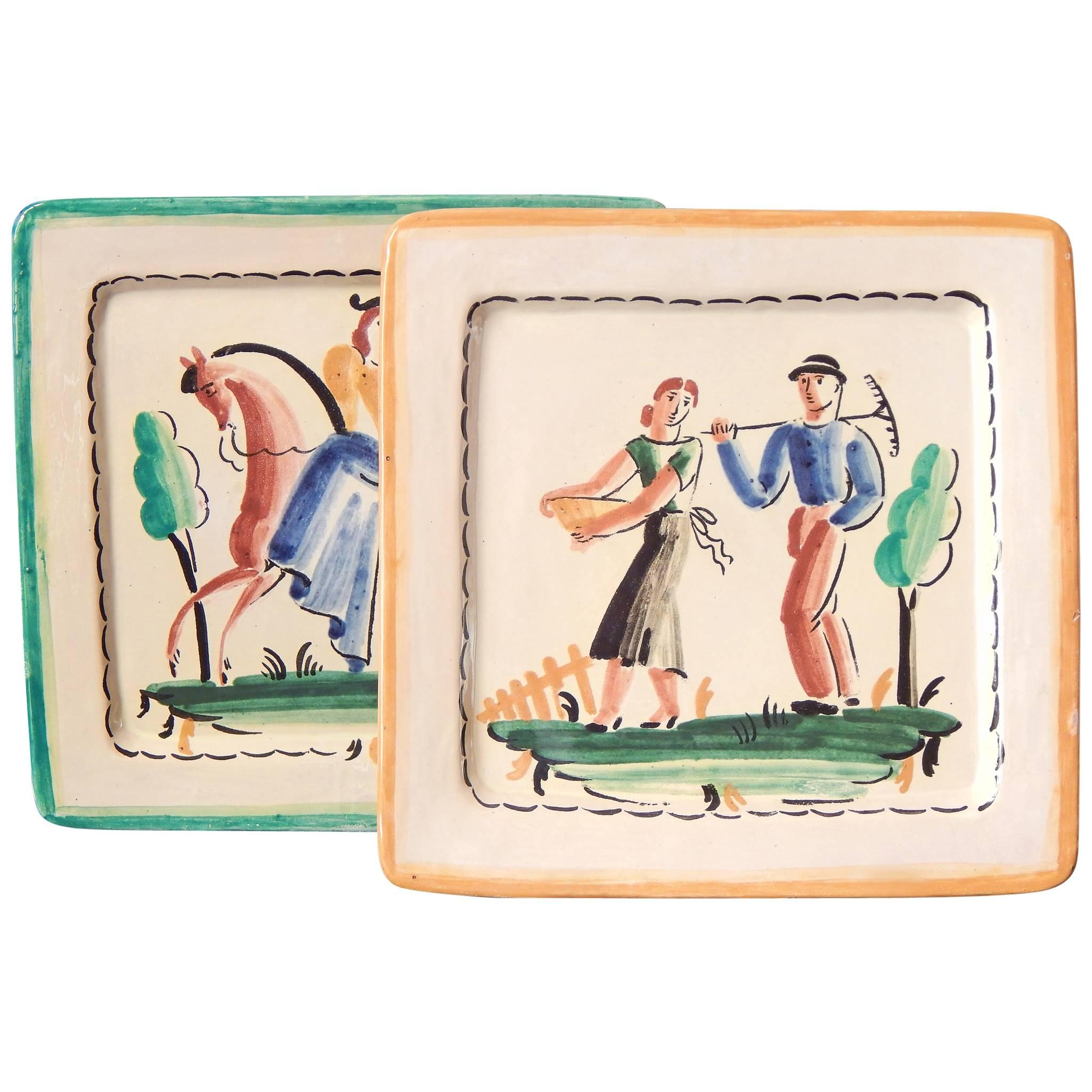 "Workers and Woman on Horseback, " Rare Decorated Art Deco Plates, Italy