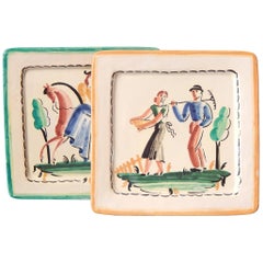 "Workers and Woman on Horseback, " Rare Decorated Art Deco Plates, Italy