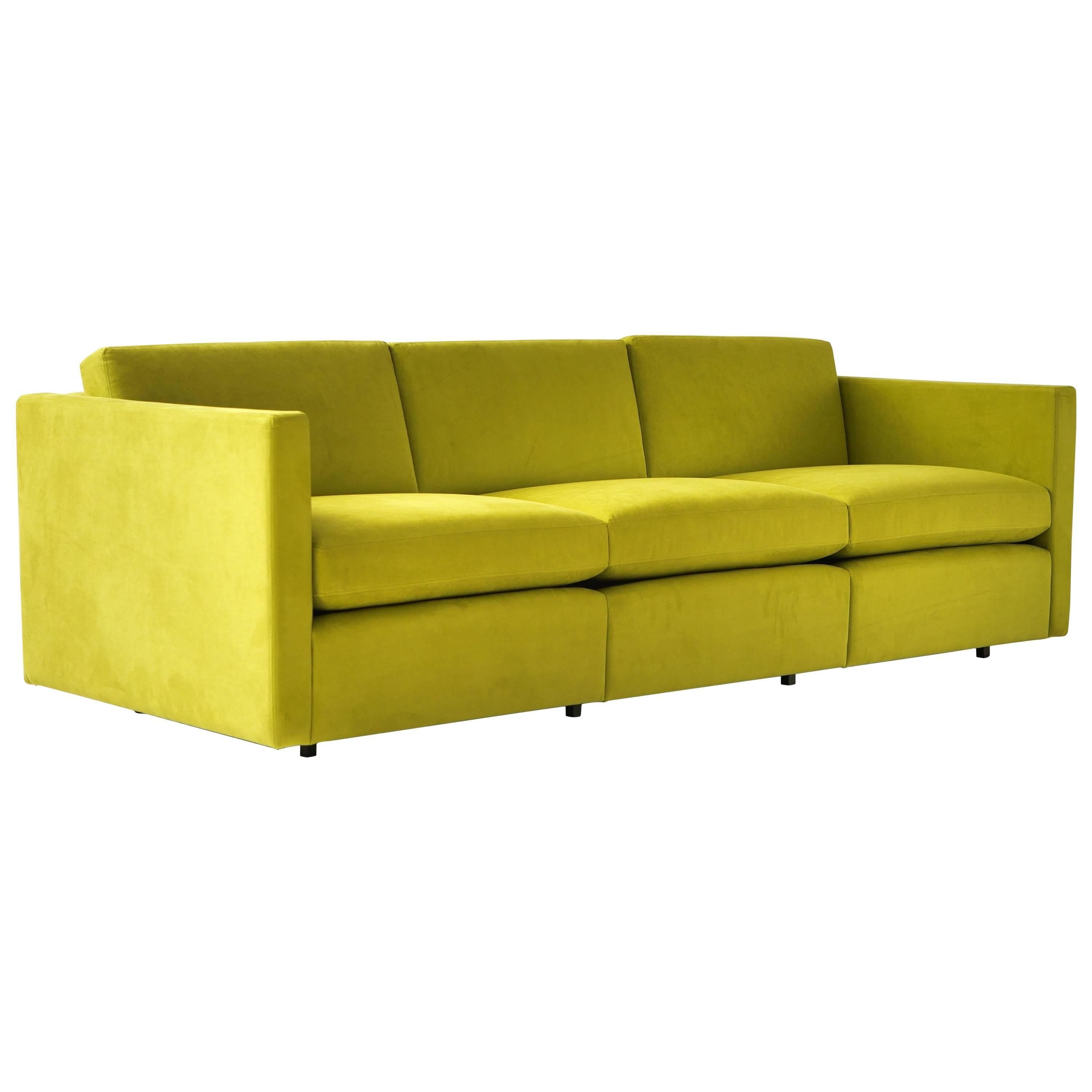 Charles Pfister designed this modular seating group for Knoll in 1980. Reupholstered in vibrant lime green ultrasuede.