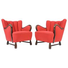 Pair of French Art Deco Club Chairs in Crimson