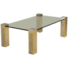 Contemporary Brass and Steel Coffee Table with Floating Glass Top