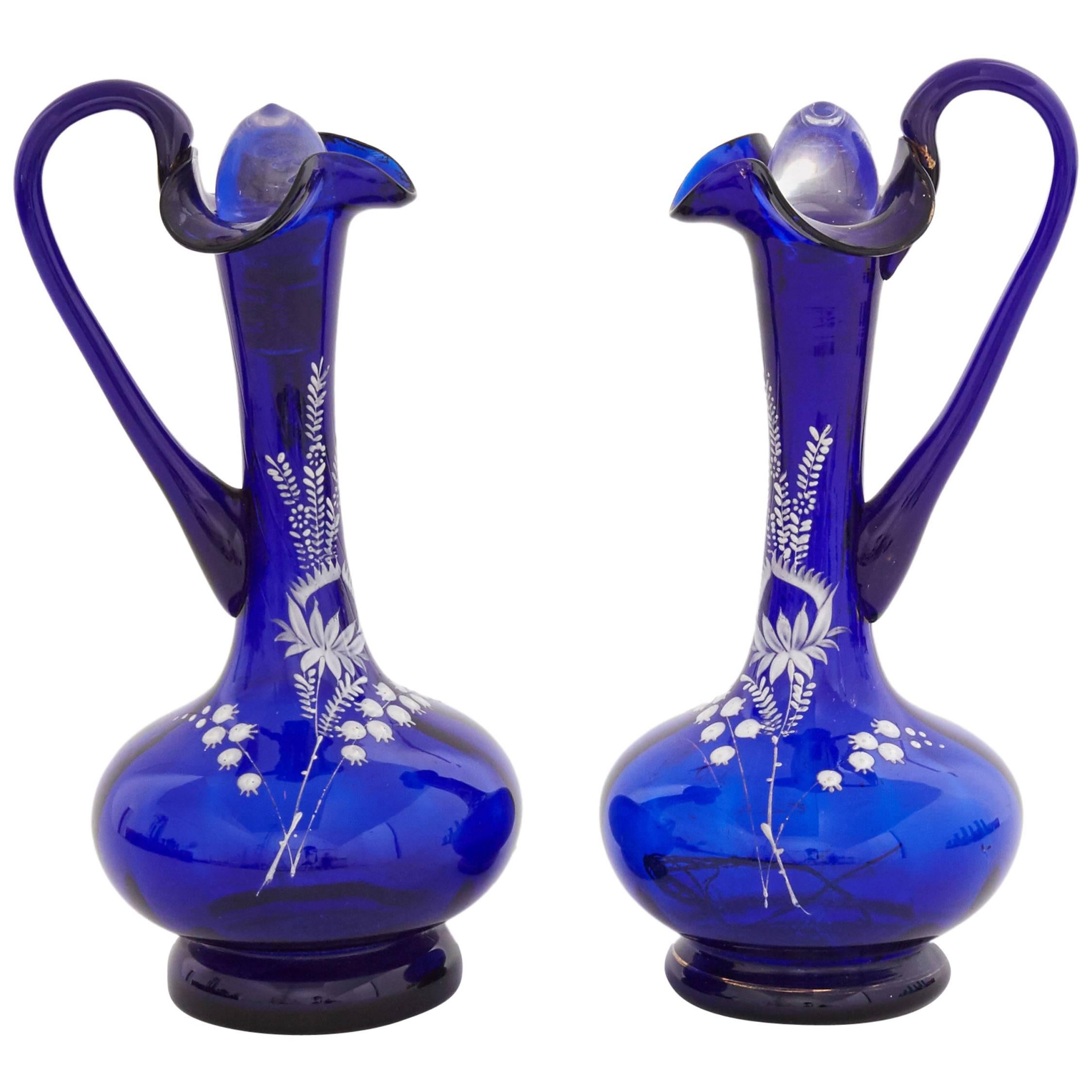 Vintage Enameled Blue Glass Decanters with White Floral Motif