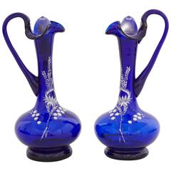 Antique Enameled Blue Glass Decanters with White Floral Motif