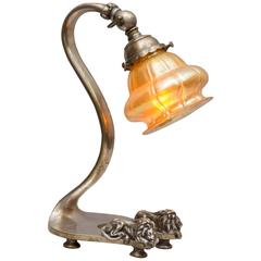 Silvered Bronze Desk Lamp with Lions and Art Glass Shade