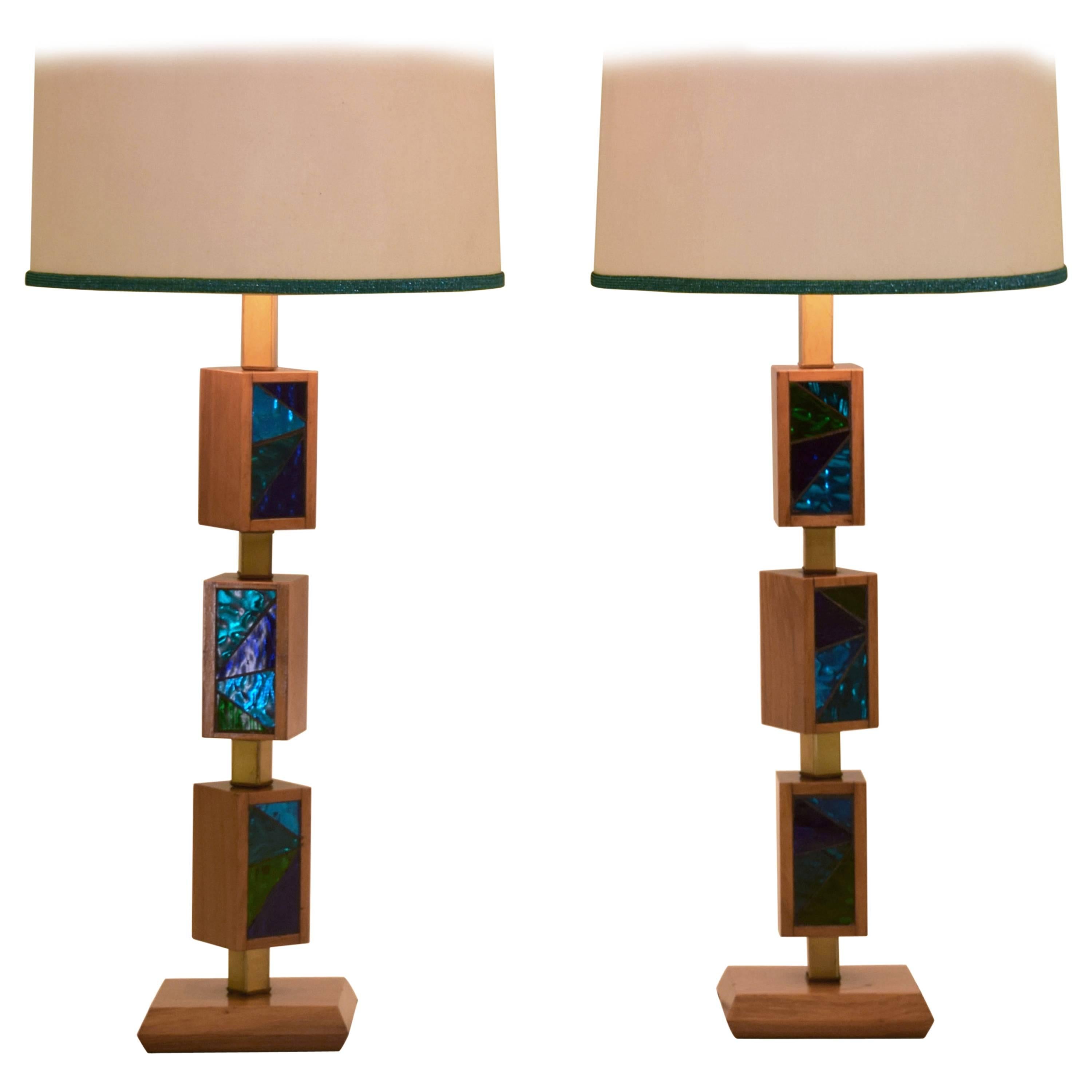 Vintage Cubist Mosaic Glass Positionable Table Lamp, Pair by Georges Briard