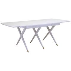 Outstanding Scissor Base Dining Table in White Lacquer with Brass Tips 
