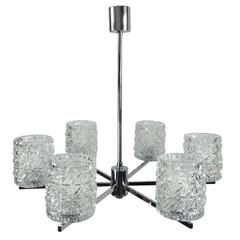 German Midcentury Six Light Chandelier in Chrome and Glass