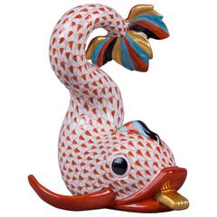 Retro Herend Large Red Fishnet Dolphin Figurine, circa 1980