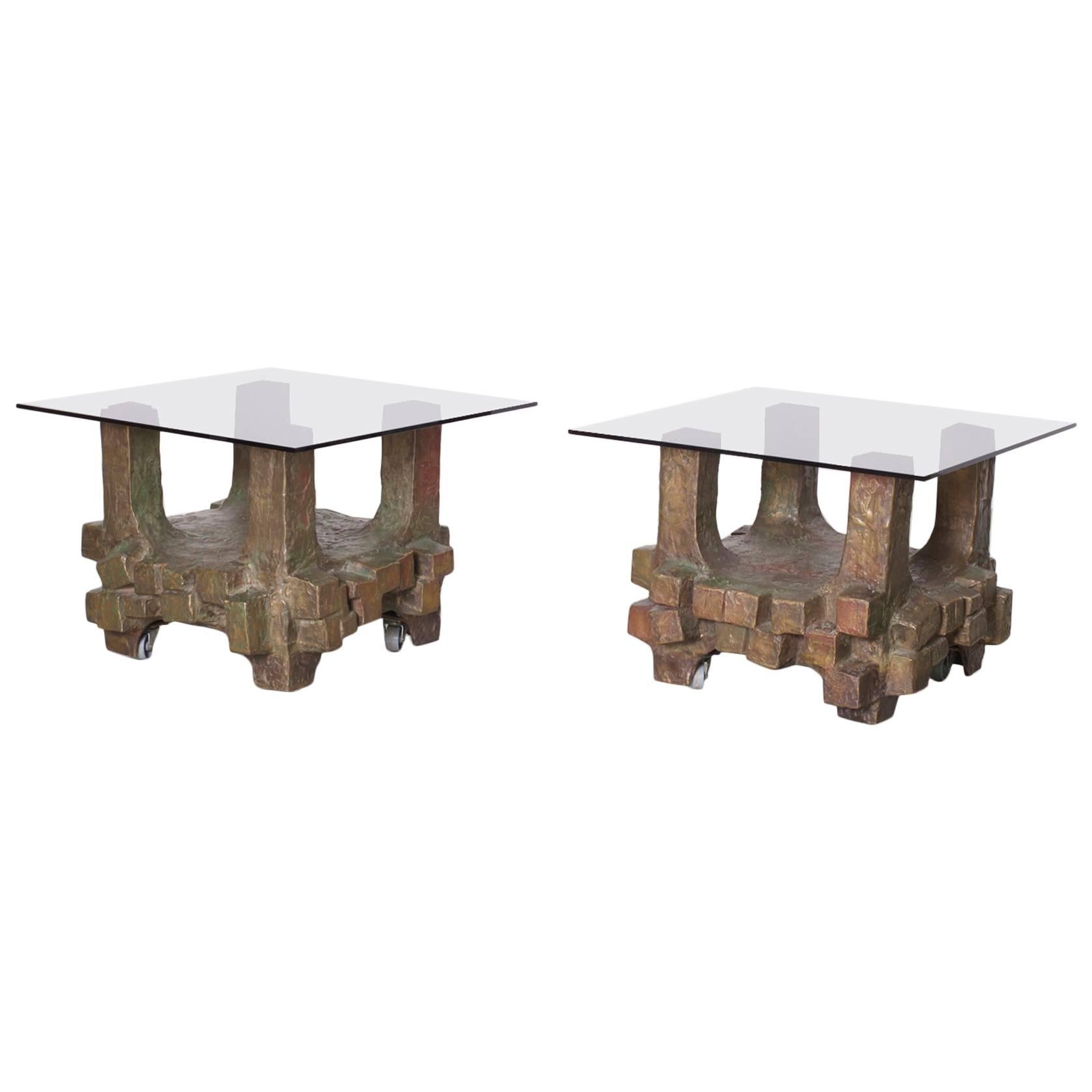 Unique Pair of Brutalist Bronze Side Tables in the Manner of Paul Evans