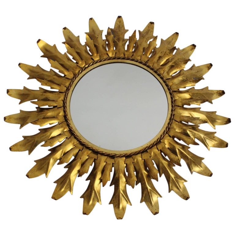 Mid Century Modern Gilded Metal, Antique Brass Metal Framed Round Sunburst Mirror