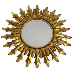 Italian Mid Century Modern Gilded Iron Sunburst Mirror with Curved Leaves 3