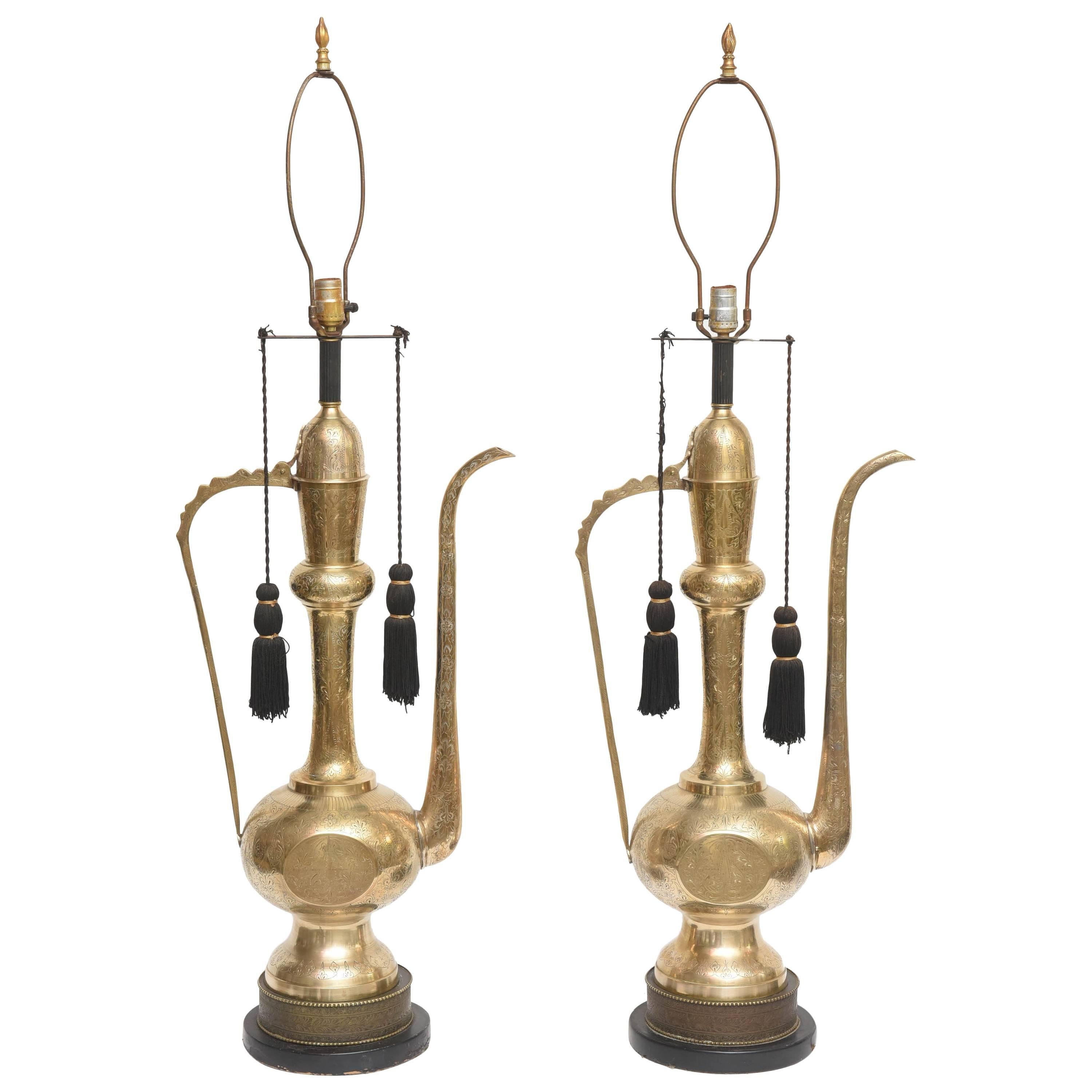 Pair of Amazing Large Brass 'Aladdin' Tea Pitcher Lamps For Sale