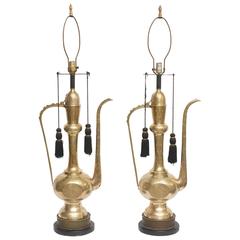 Vintage Pair of Amazing Large Brass 'Aladdin' Tea Pitcher Lamps