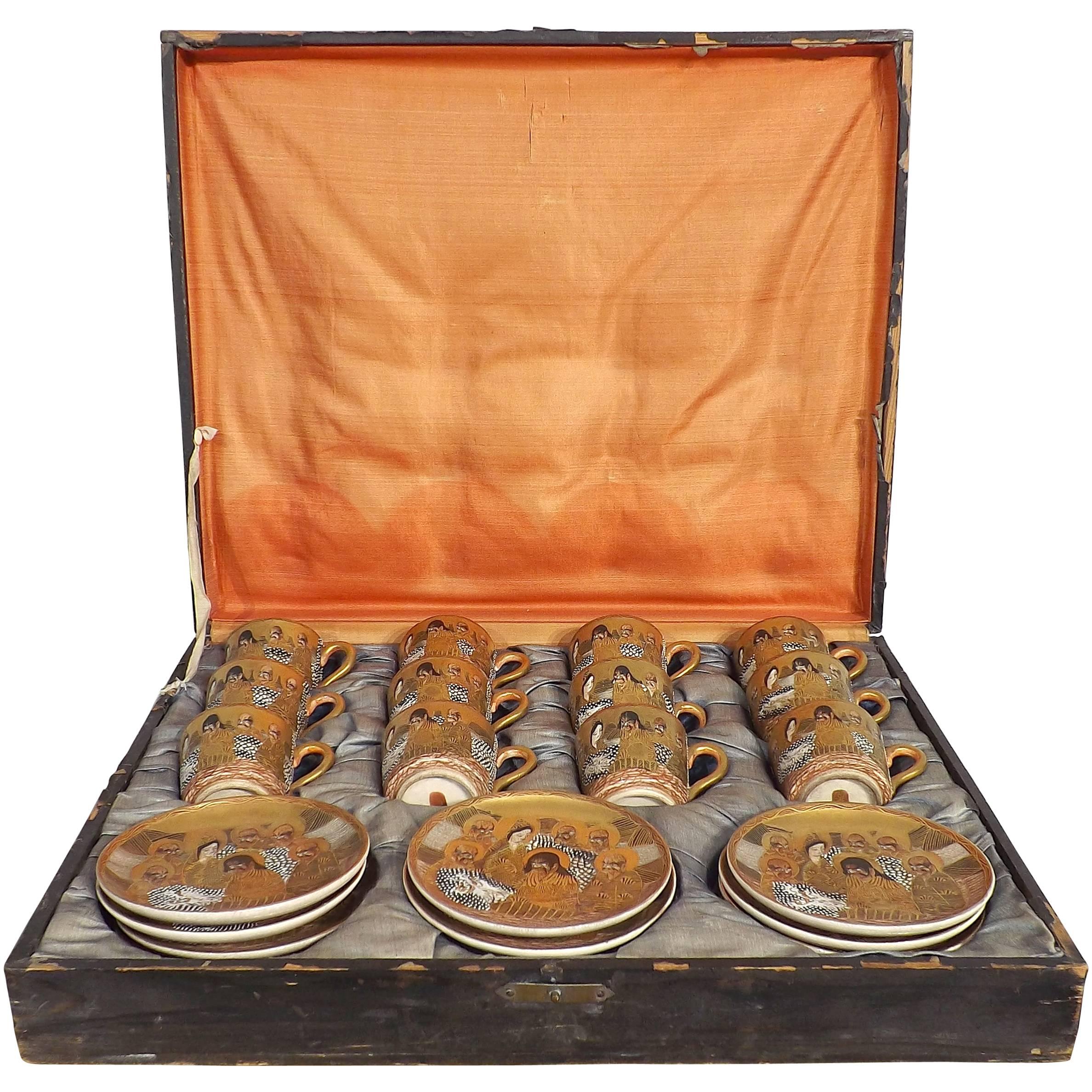 12 Satsuma Cups and Saucers Sets in Silk Lined Presentation Case For Sale