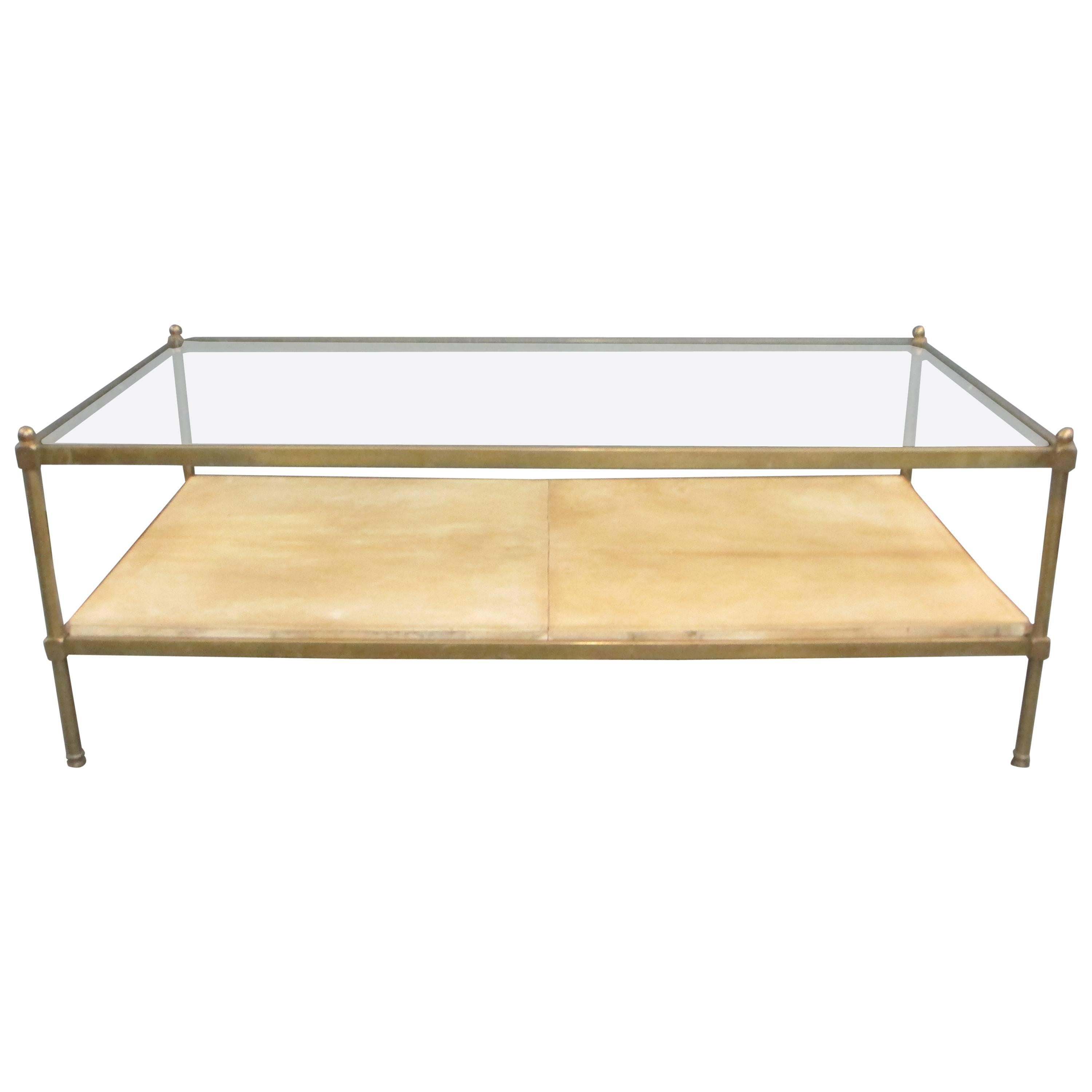 Two-Tiered Bronze Coffee Table with Parchment Shelf