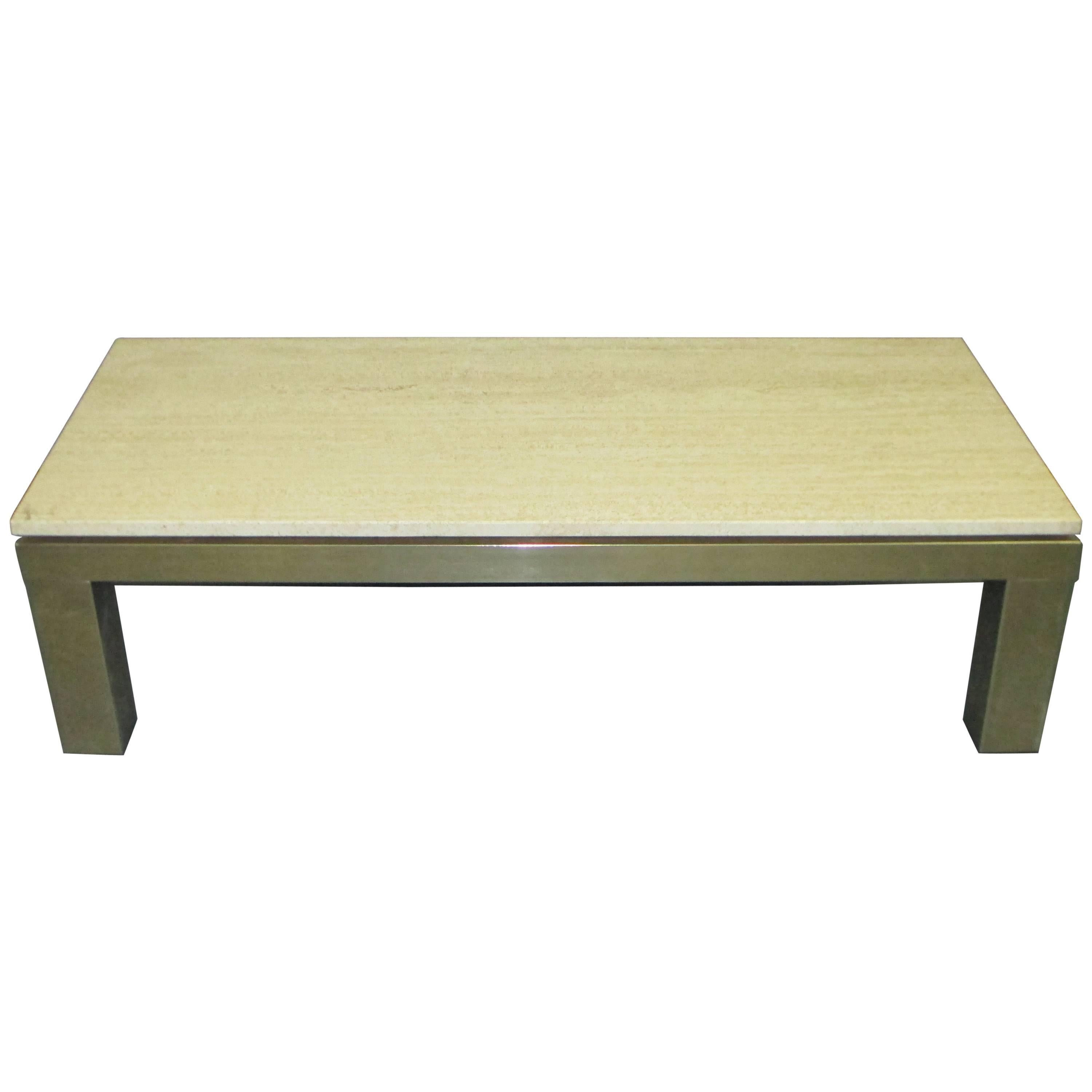 French Mid-Century Modern Travertine-Top Coffee Table on Brass Base