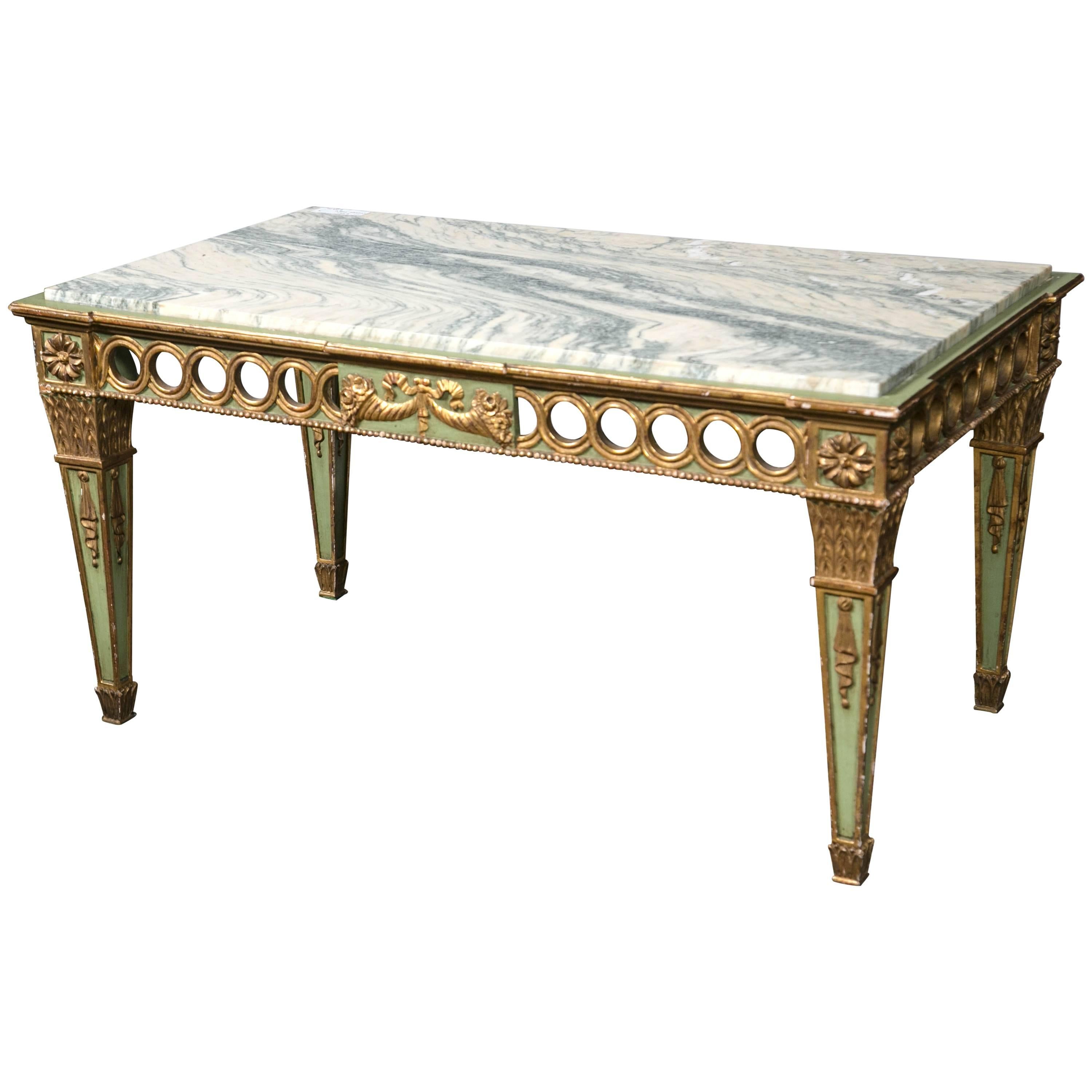 Hollywood Regency French Sage Paint Decorated Marble-Top Coffee Table by Jansen