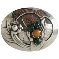 Antique Georg Jensen Sterling Silver Brooch with Amber and Green Stones