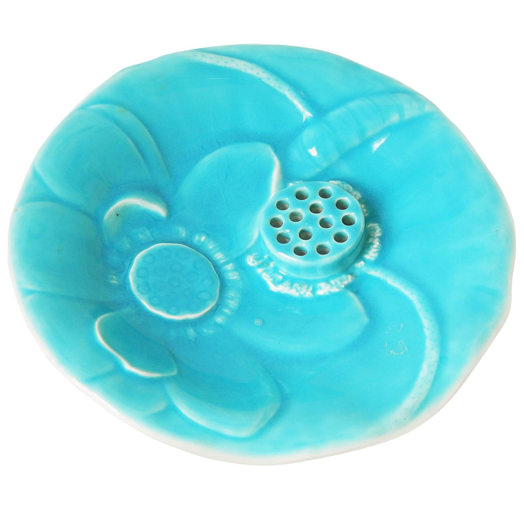 "Lotus Flower Bowl", Rare Art Deco Bowl w/ Attached Frog by Rookwood, Sky Blue