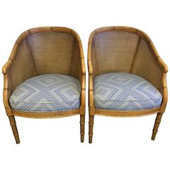 Pair of Faux Bamboo Caned Chairs with Lee Jofa Fabric