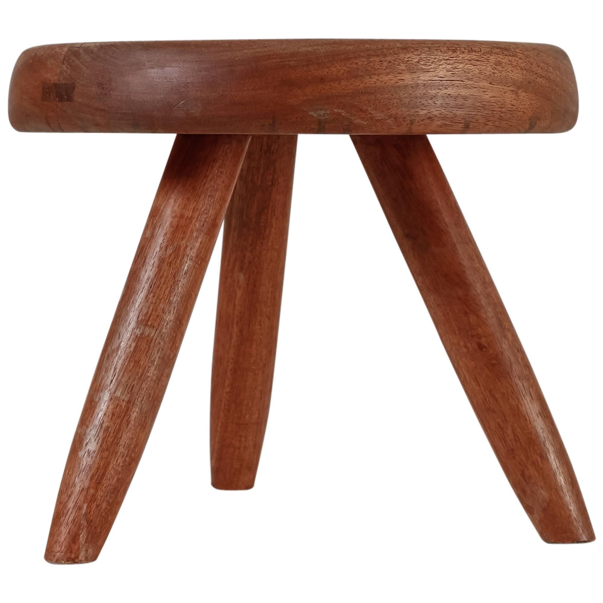 Charlotte Perriand Low Teak Tripod Stool, France, 1960s For Sale