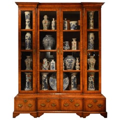 Antique 18th Century Inverted Breakfront Veneered Walnut Bookcase or China Cabinet