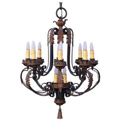 Antique One of Two 1920s Large-Scale Spanish Revival Chandelier with 12 Candle Lights