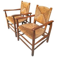 Charlotte Perriand Genuine Early Pair of Rush Armchairs in Vintage Condition