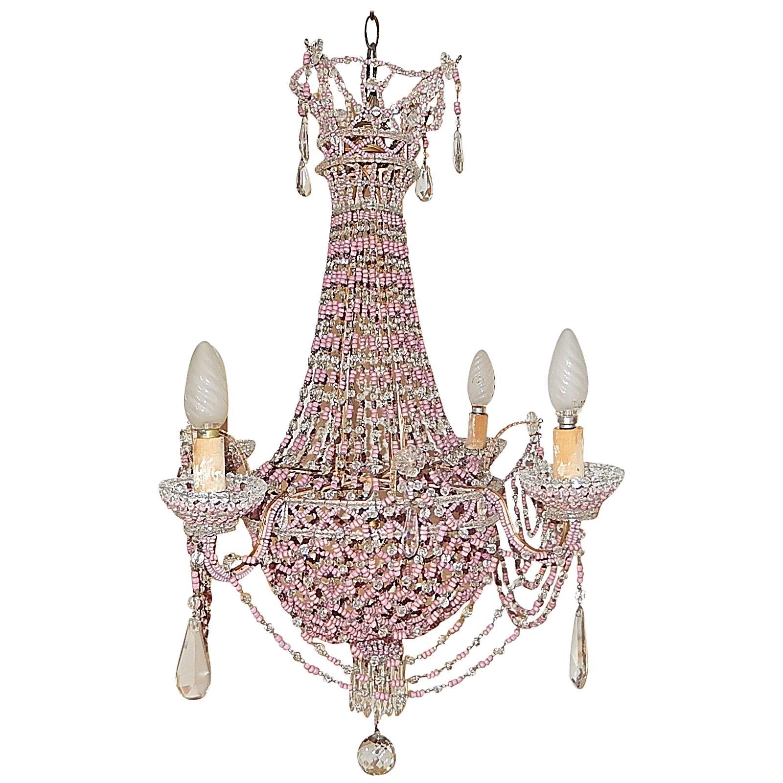French Pink Opaline Beaded Basket Crystal Chandelier