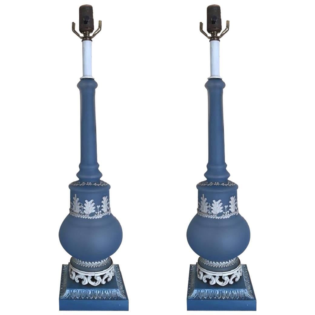 Pair Lamps, Mid Century Tall Blue Blown Glass Lamps  For Sale