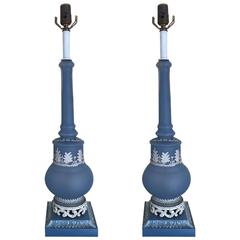 Pair Lamps, Mid Century Tall Blue Blown Glass Lamps 
