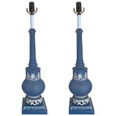 Pair Lamps, Mid Century Tall Blue Blown Glass Lamps