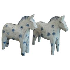 Antique Pair of Dalecarlian or Dala Horses with Blue Dots