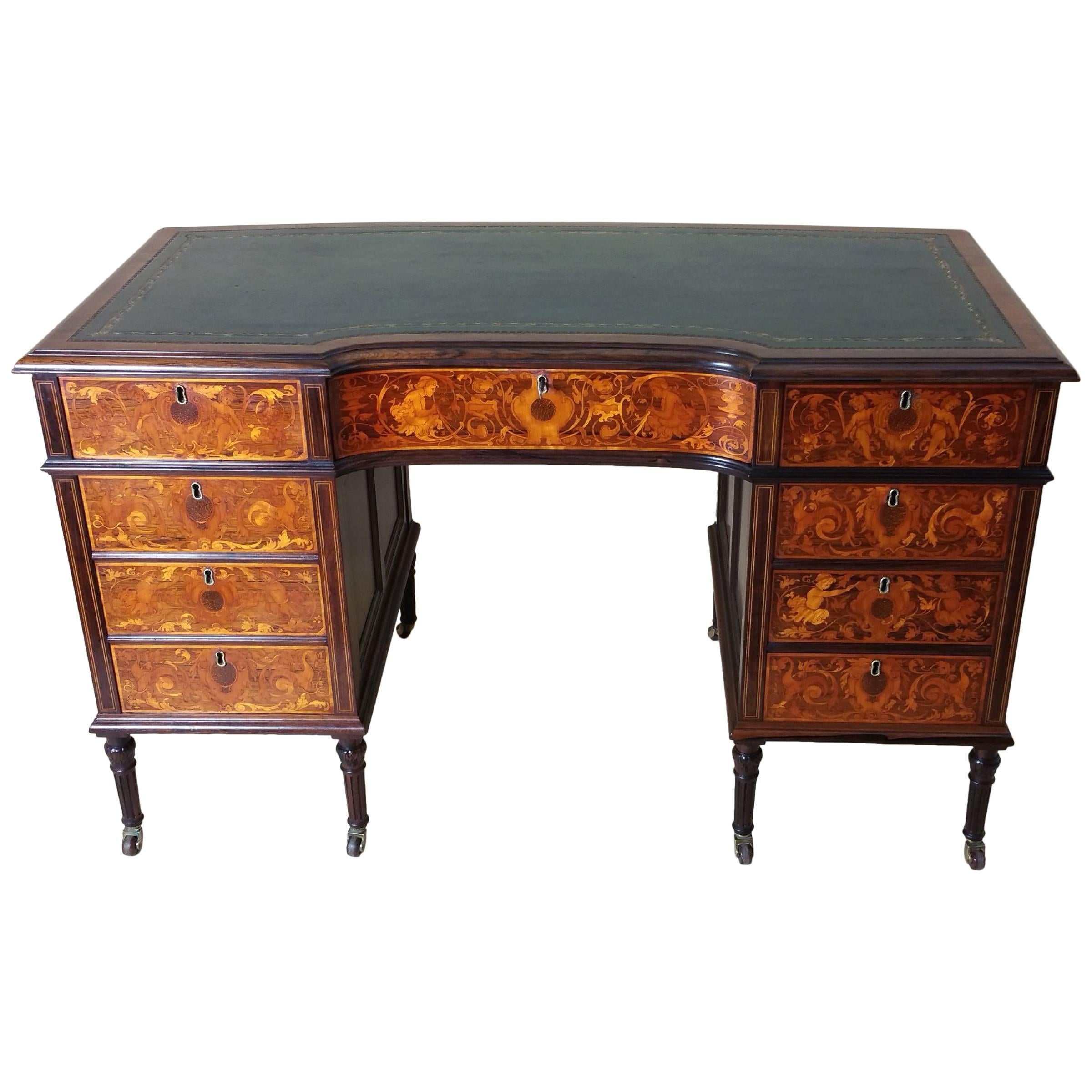 Victorian Marquetry Inlaid Rosewood Shaped Front Kneehole Desk