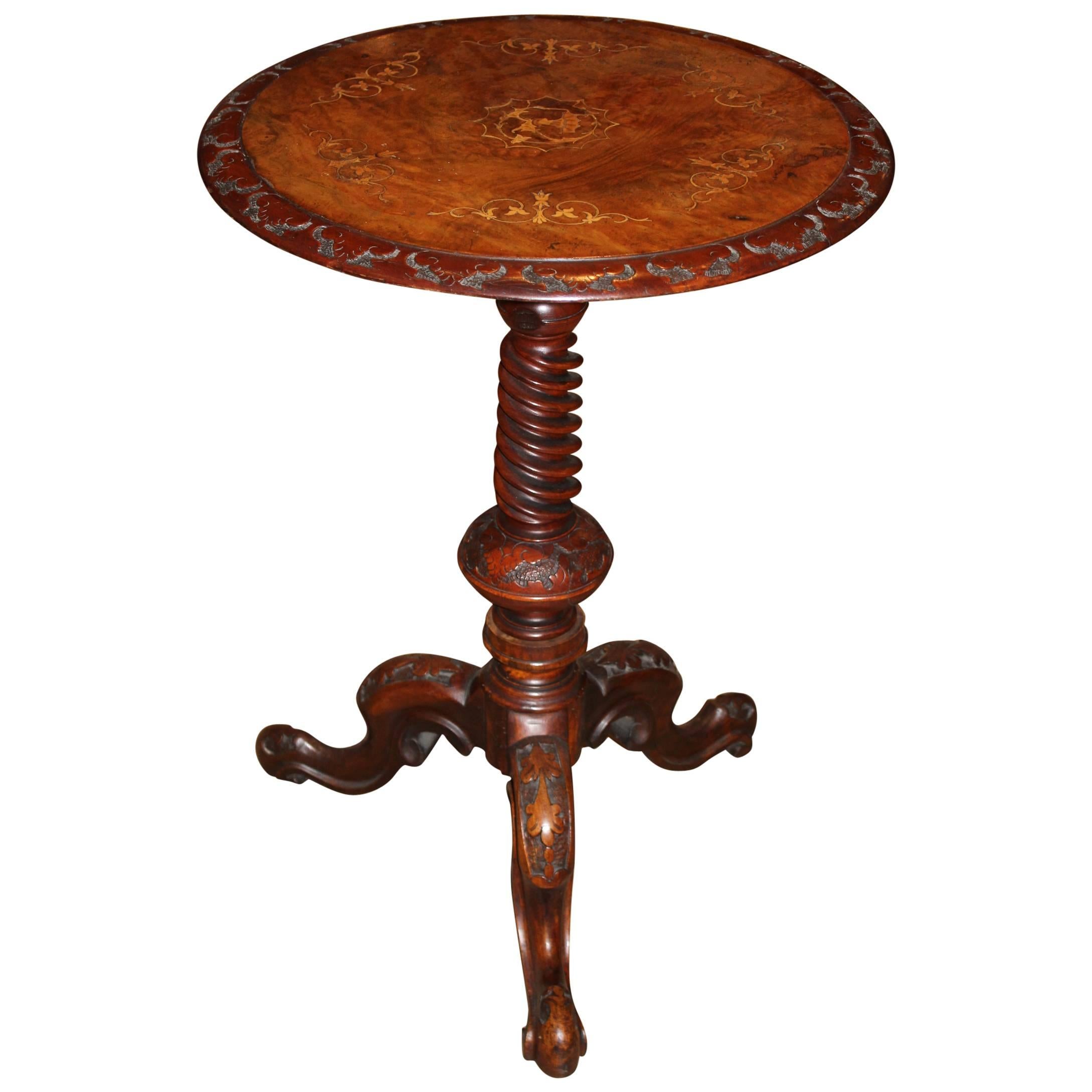 Carved and Inlaid Candle Stand with Marquetry, circa 1860