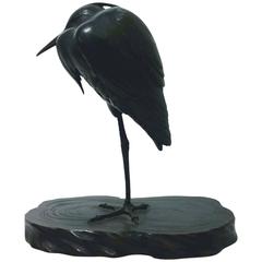 Artist Signed Japanese Meiji Period Bronze Figure of a Heron, 19th Century 