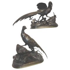 Pair of Signed Jules Moigniez bronze Pheasants, 19th Century