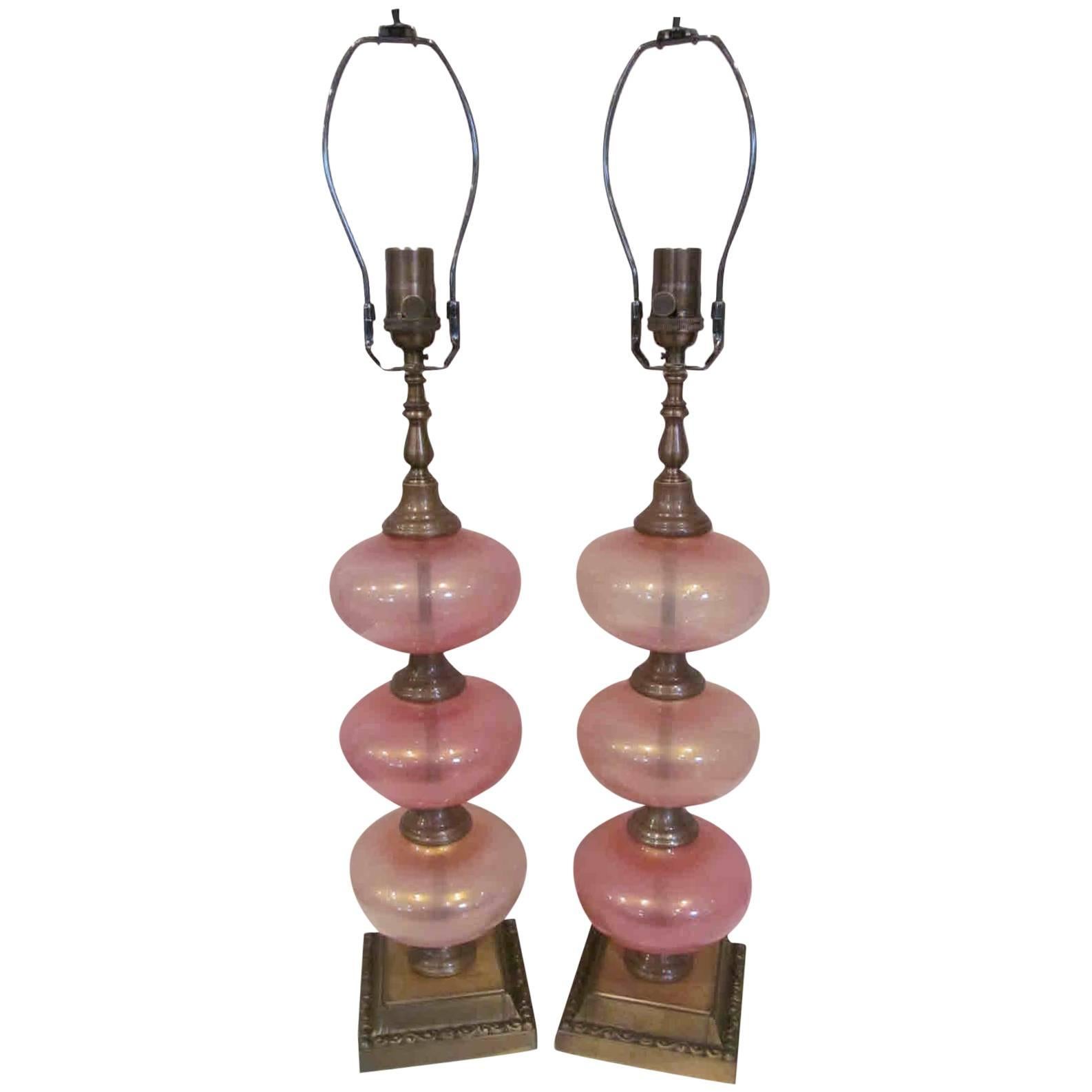 Pair of Murano Orb Lamps in Peach with Gold Highlights For Sale