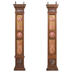 French Art Nouveau Pair of Pilasters, Gold Ceramic, Enamels, Marble, Mahogany