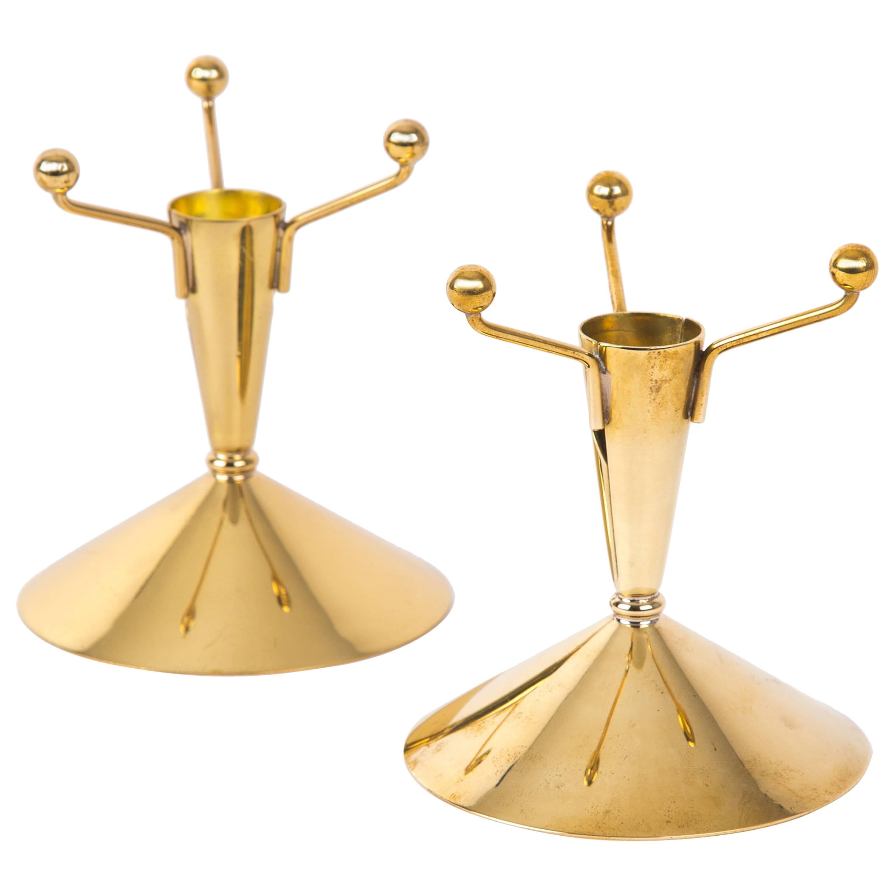 Set of Two Brass Ystad Metall Candleholders Scandinavian For Sale