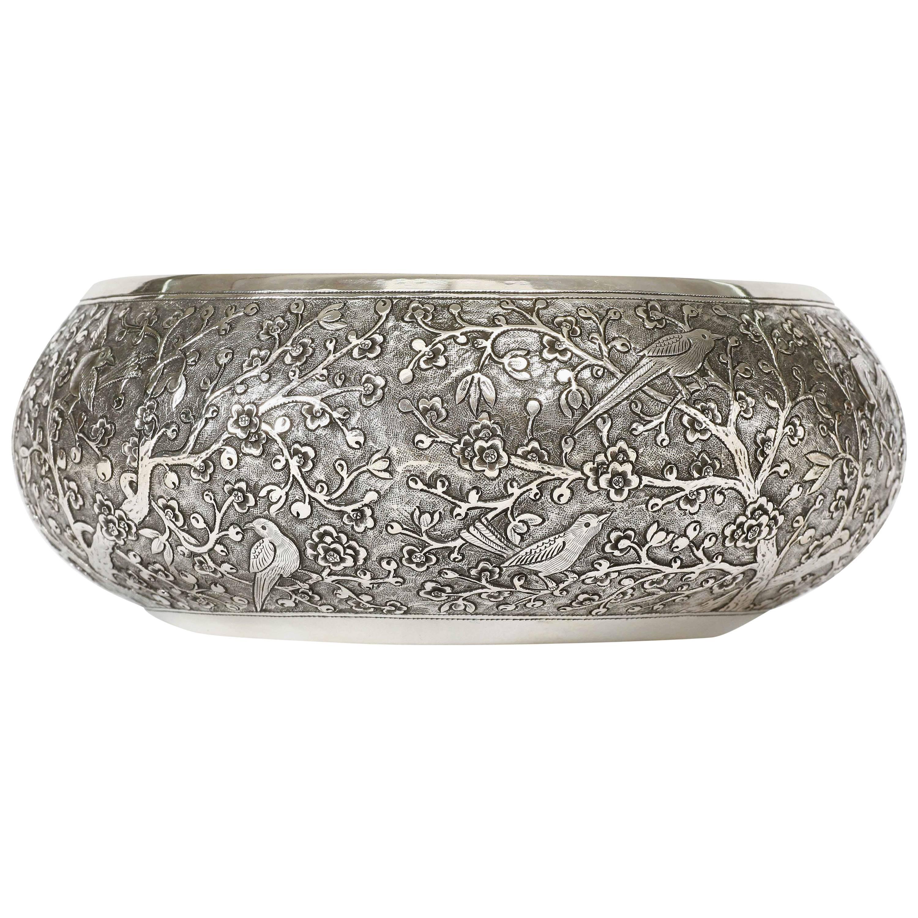 Hand-Worked Solid Silver Bowl, Chinoiserie Blossom and Birds Motif, Centrepiece