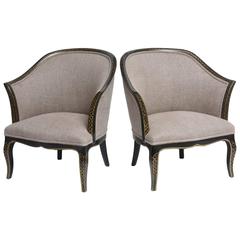 Pair of French Art Deco Style Armchairs with Black Frame and Gilt Decoration