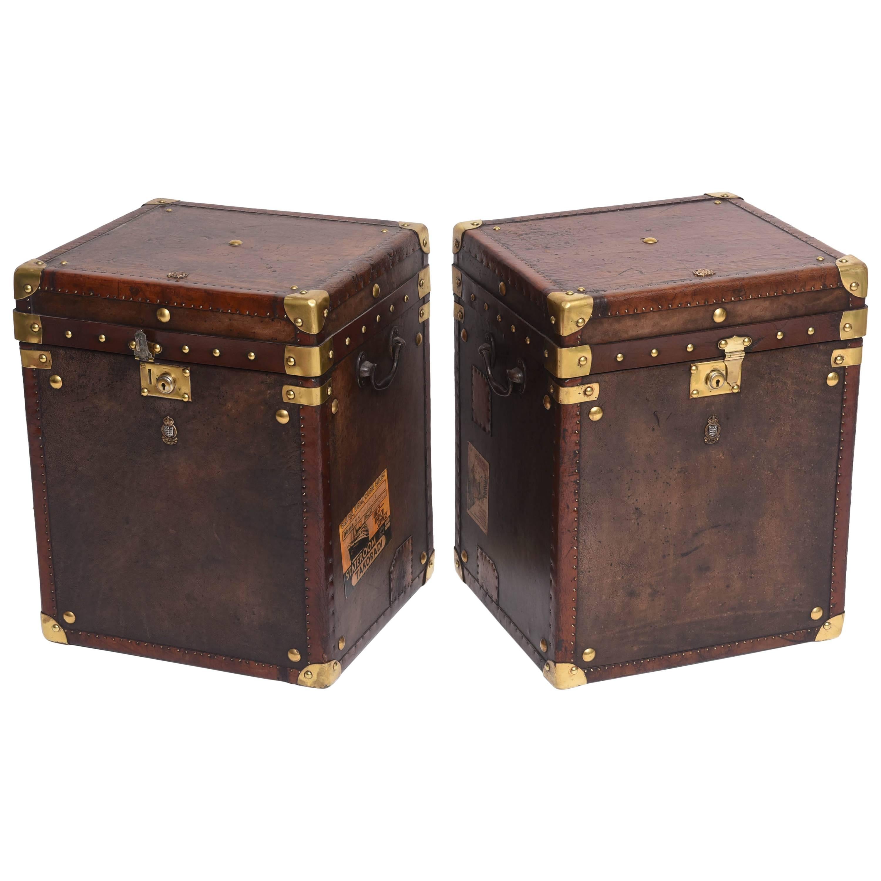 Pair of Rare Vintage Leather Trunks with Brass Hardware, England, 1940s 