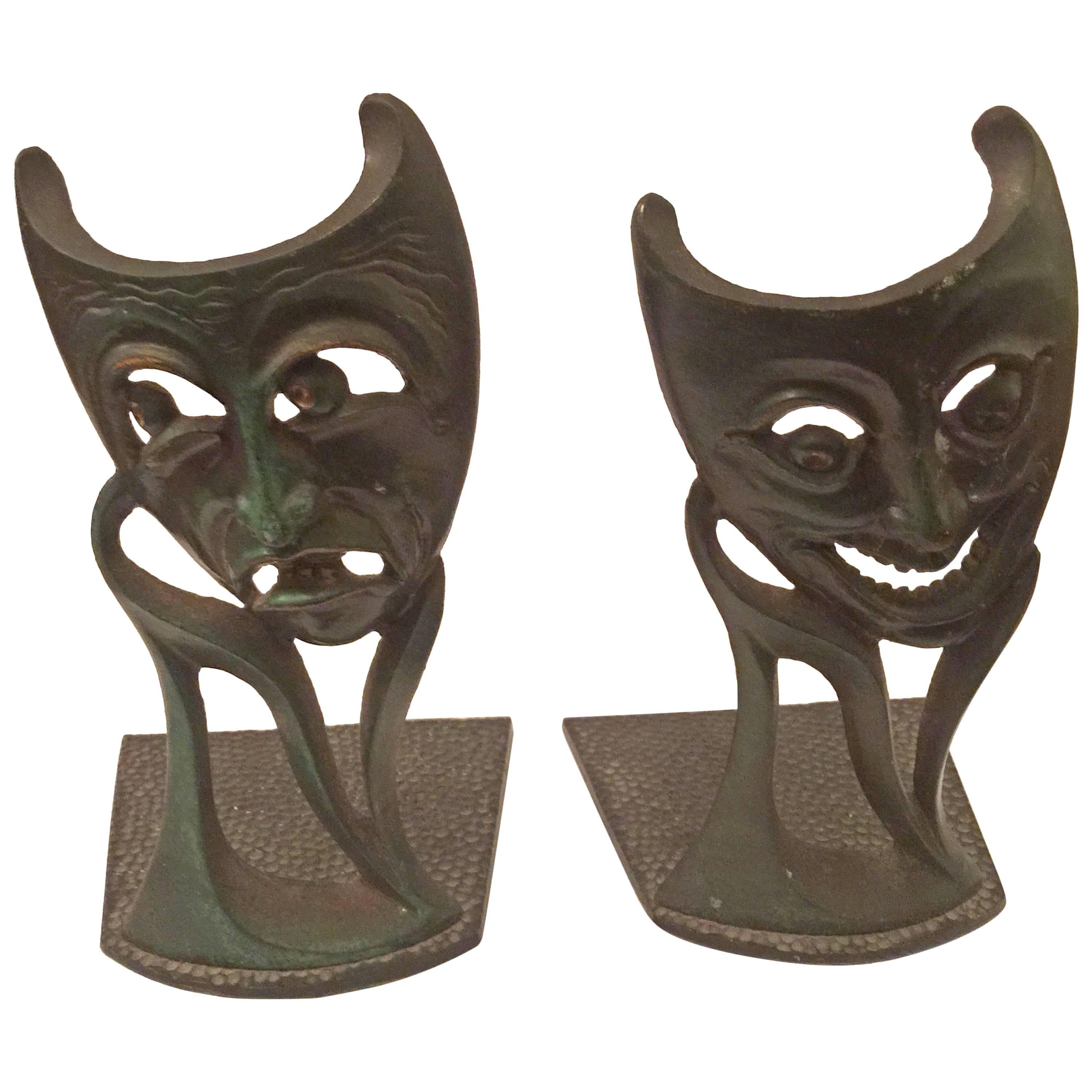 Vintage Pair of Comedy and Tragedy Theatrical Bookends For Sale