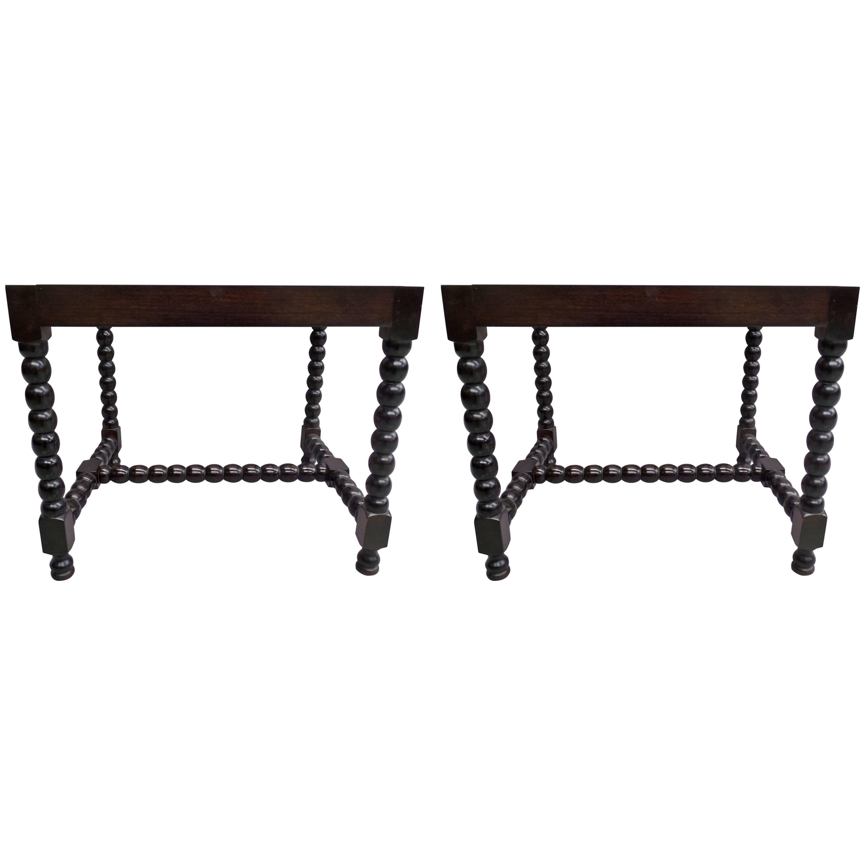 Pair of Sober Modern Neoclassical Carved Wood Stacked Ball Benches / Stools For Sale